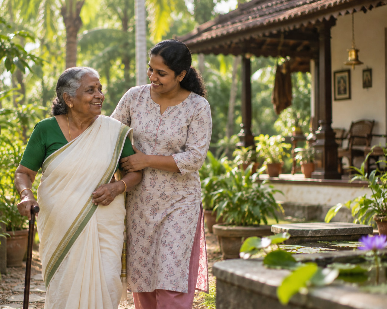 A Samarpan Nishtha caregiver with an elderly client